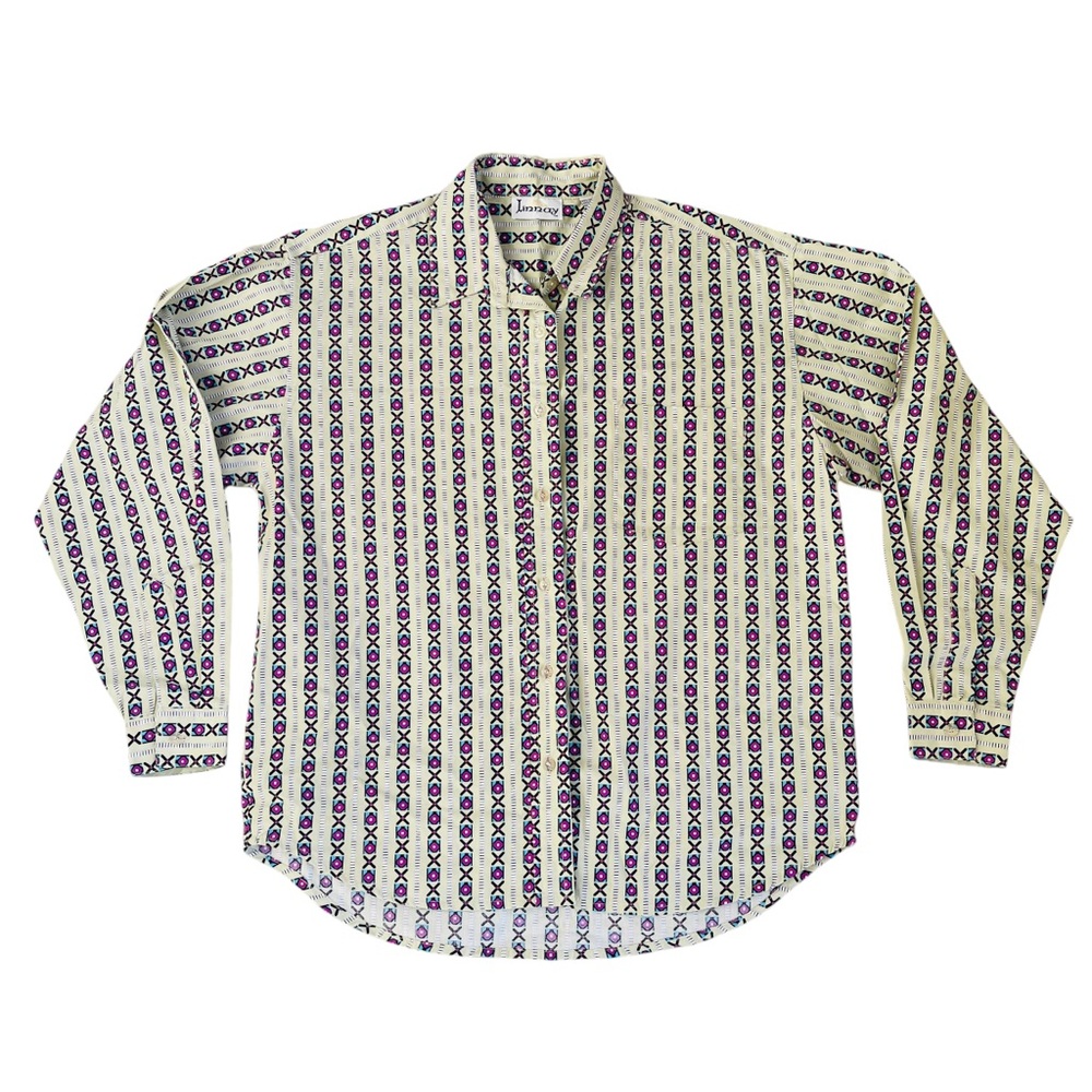Vintage Tan Western‎ Print Button Down Shirt Retro Collared Top 12
